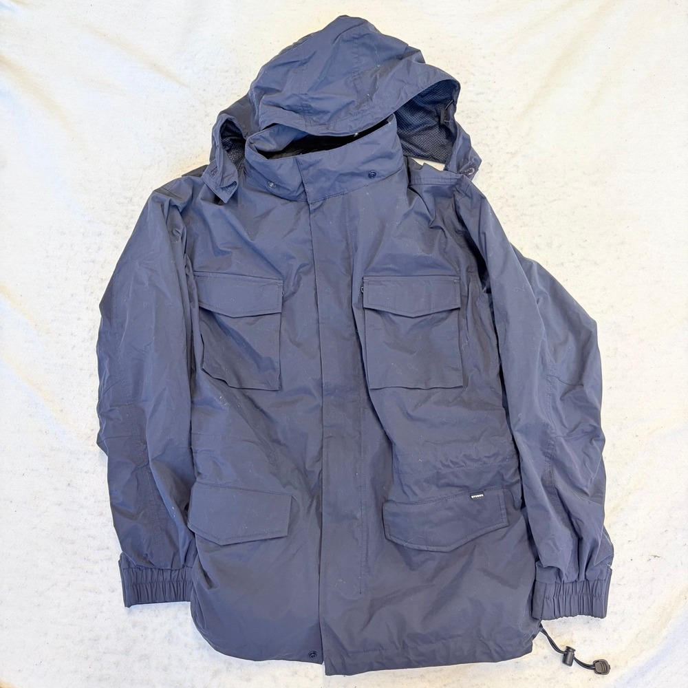 Stussy Field Jacket Mens Medium Navy Blue Hooded Nylon Utility Parka